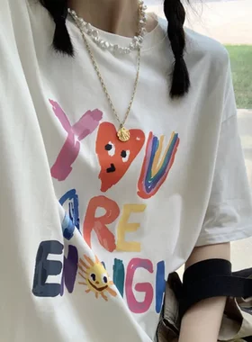 百搭短袖女半袖T恤英文纯棉印花220G潮韩版宽松涂鸦白色小众设计