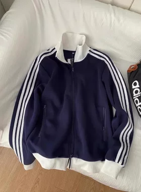 藏青色三条杠棒球服卫衣夹克条纹外套秋季美式撞色短款男女款运动