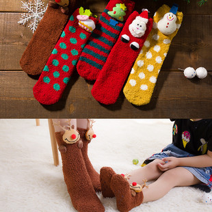秋冬儿童地板袜公仔袜宝宝防滑点胶珊瑚绒圣诞袜成人女袜亲子袜