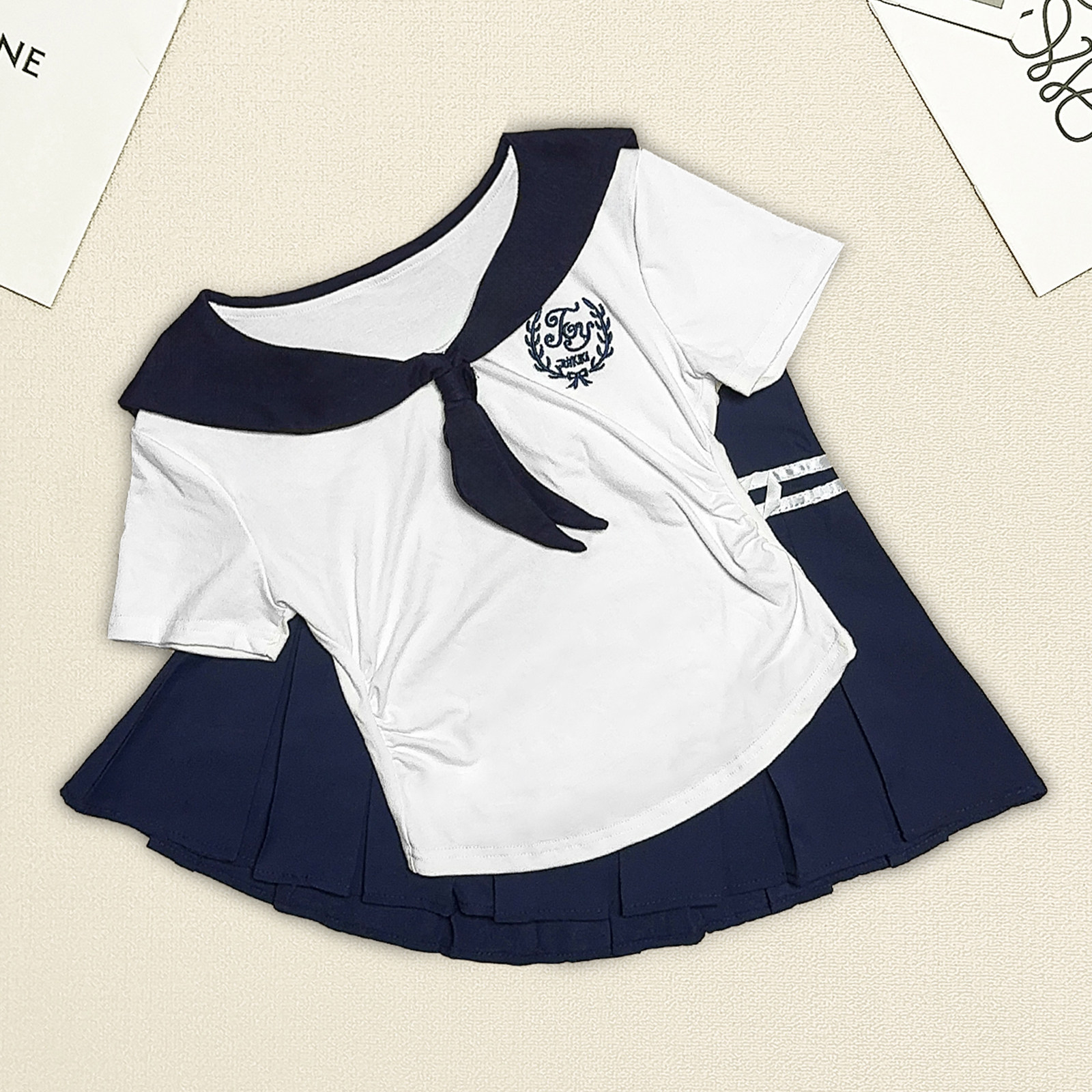 学院风套装海军领绣t恤女夏季2025新款辣妹减龄百褶半身裙两件套