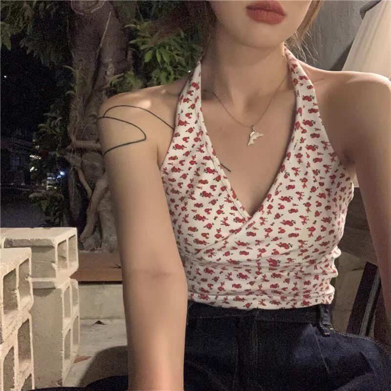 辣妹挂脖吊带背心女夏季2023新款纯欲风美背抹胸打底碎花裹胸上衣
