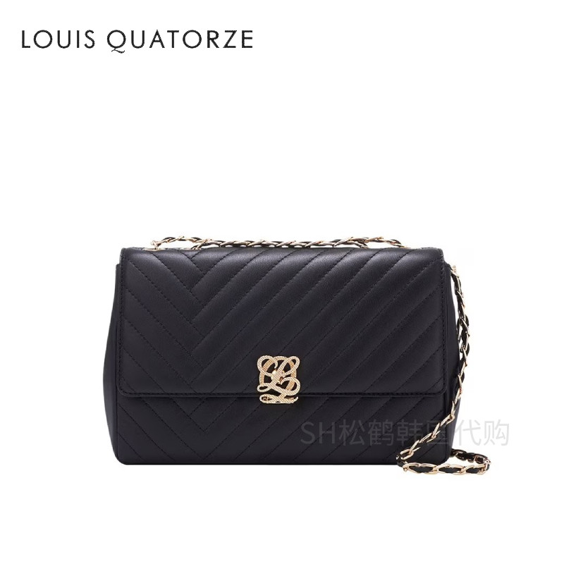 韩国代购LOUISQUATORZE瑞克朵丝女士百搭黑色牛皮链条单肩斜挎包
