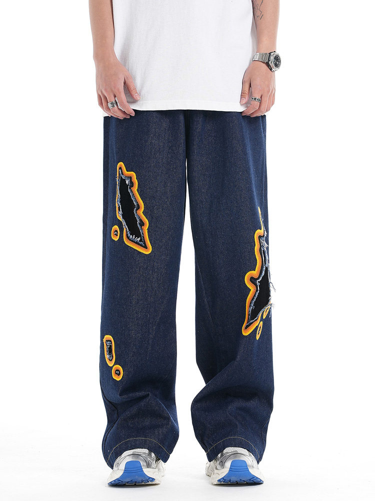 JEANS MENS AND WOMENS TIDE EUROPEAN AND AMERICAN RETRO WASHED RIPPED EMBROIDERY NICHE DESIGN SENSE LOOSE STRAIGHT MOP TROUSERS