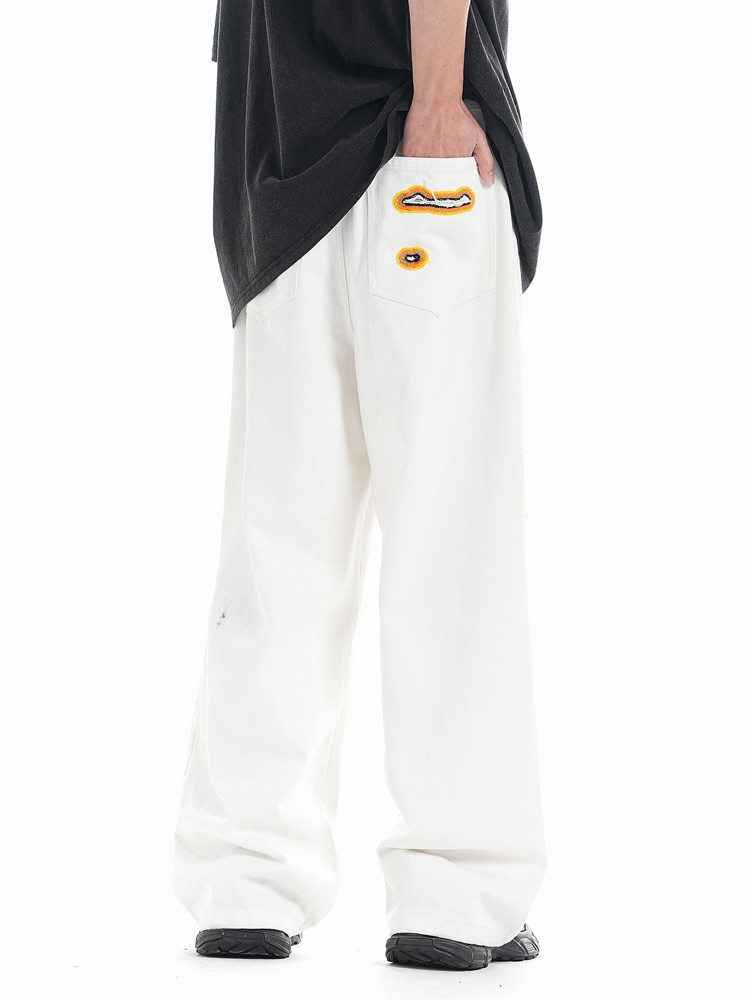 JEANS MENS AND WOMENS TIDE EUROPEAN AND AMERICAN RETRO WASHED RIPPED EMBROIDERY NICHE DESIGN SENSE LOOSE STRAIGHT MOP TROUSERS