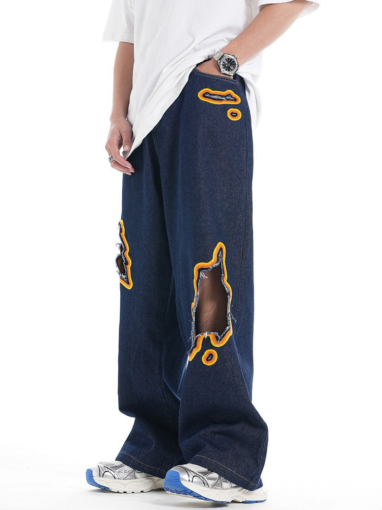 JEANS MENS AND WOMENS TIDE EUROPEAN AND AMERICAN RETRO WASHED RIPPED EMBROIDERY NICHE DESIGN SENSE LOOSE STRAIGHT MOP TROUSERS