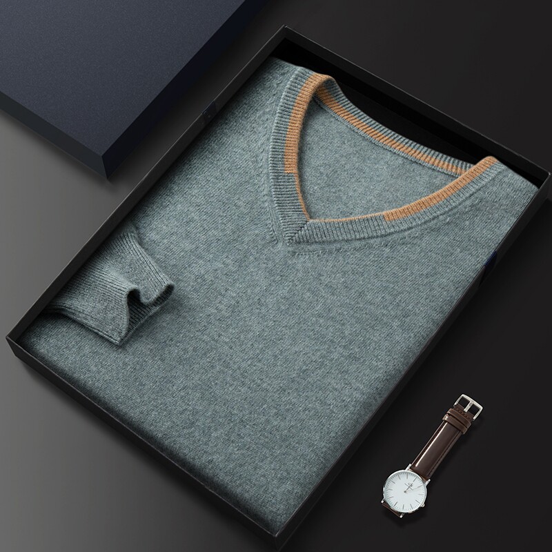 秋冬新款男士v领羊绒衫宽松舒适纯色羊毛针织打底衫商务休闲毛衣