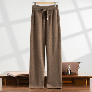 宽松阔腿裤 虚提秋冬重磅加厚保暖口袋抽绳直筒裤 100%纯山羊绒裤