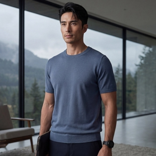 中年男士 套头打底衫 圆领短袖 商务休闲修身 薄款 精纺100%纯山羊绒衫