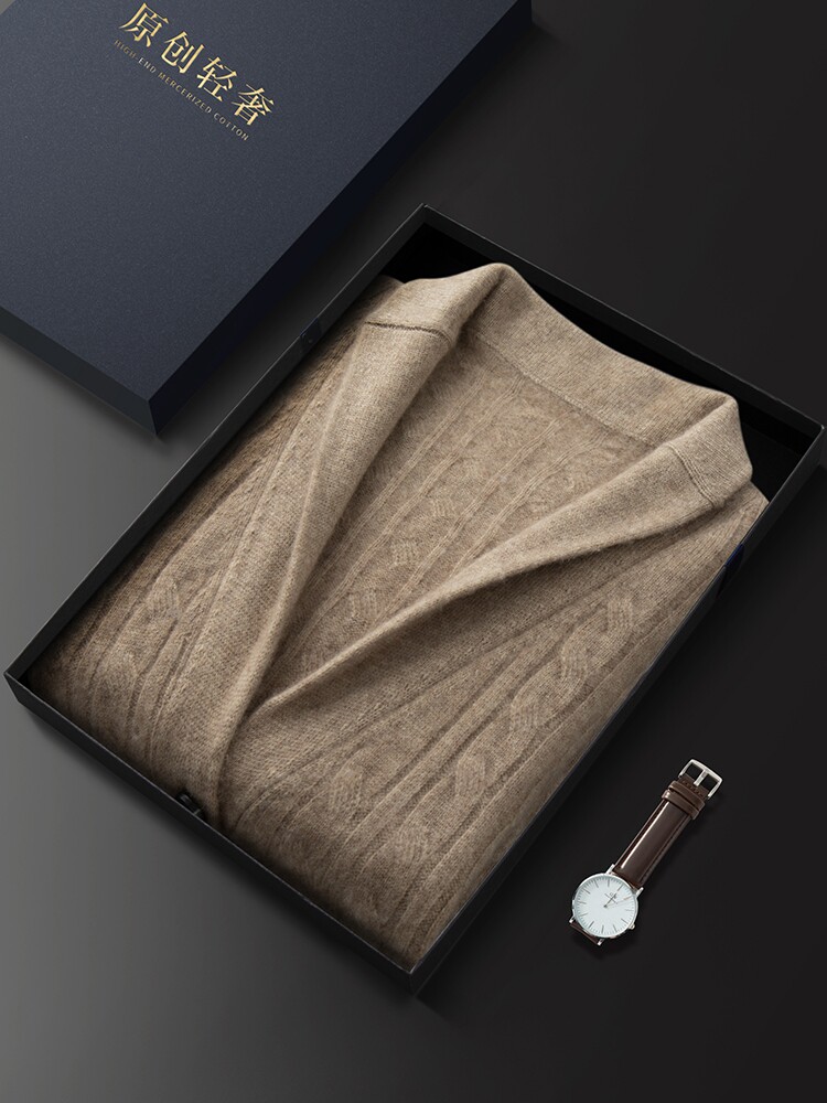 ORDOS 캐시미어 남성용 녹색 과일 칼라 자카드 두꺼운 트위스트 카디건 스웨터 니트 긴팔 바닥 셔츠