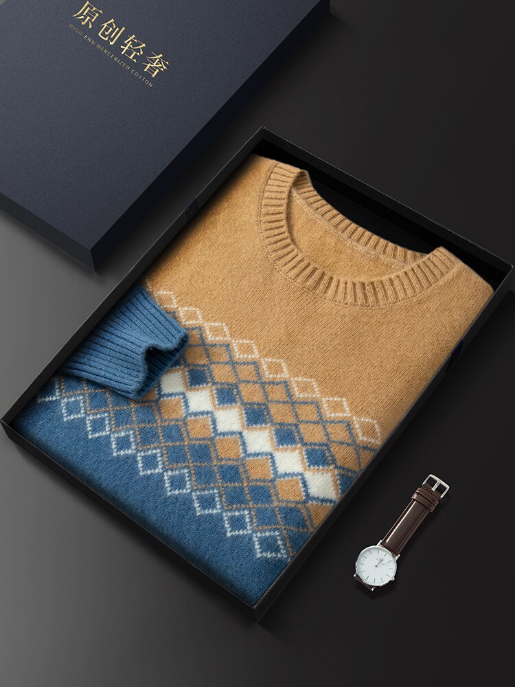 오르도스 100% 캐시미어 스웨터 남성용 라운드 넥 스웨터 100 퓨어 울 레트로 자카드 니트 베이스 그린