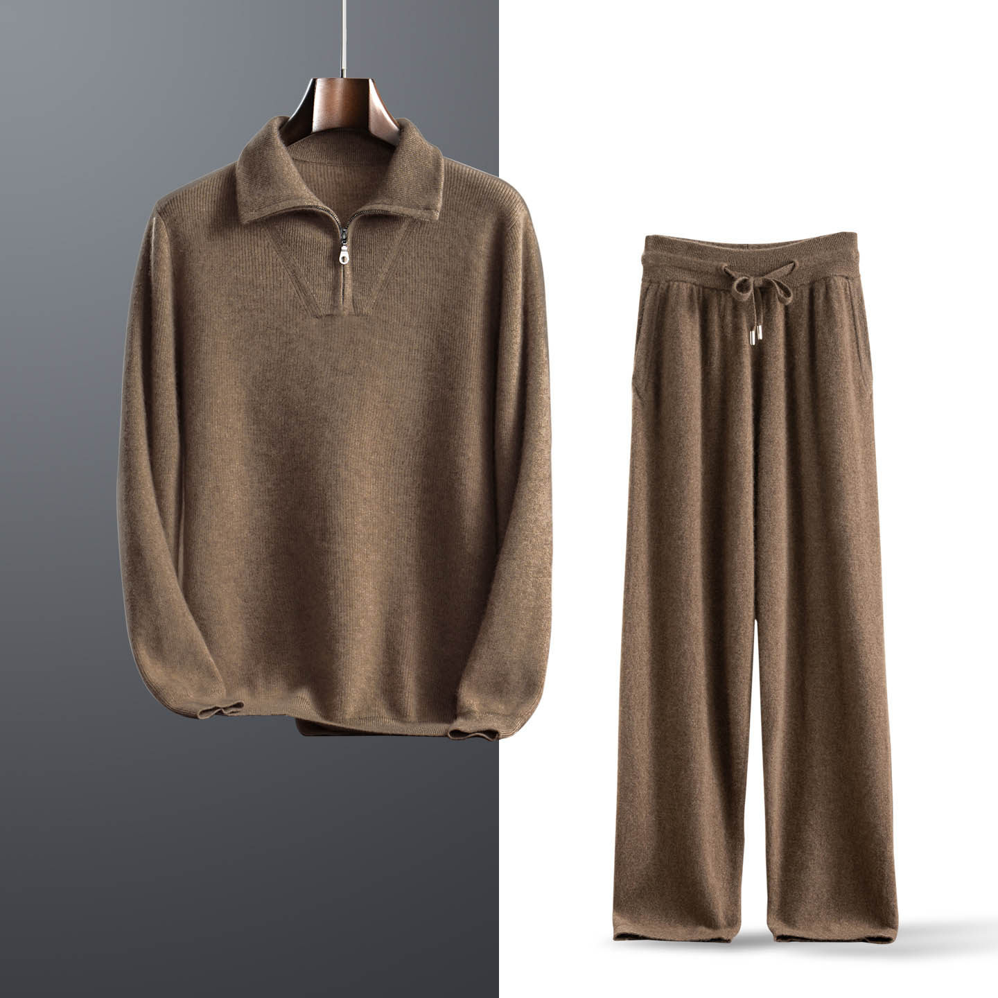 100%纯山羊绒套装男秋冬加厚长袖海军领拉链翻领T恤羊绒裤直筒裤