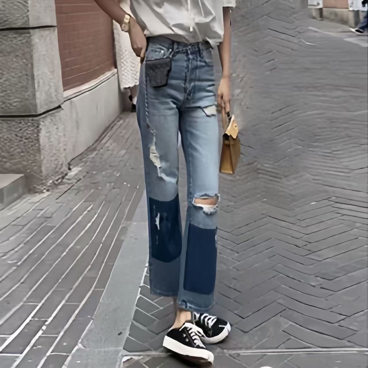 大码女装2025新款夏季高腰弹力烟管破洞牛仔裤女显瘦九分直筒裤子