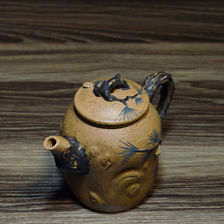 宜兴紫砂壶早期款五彩老段泥手工贴推松皮紫砂花器松针壶家用茶具