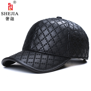 新款羊皮格纹黑色棒球帽 男女士秋冬天户外真皮鸭舌帽保暖帽潮