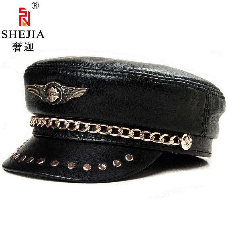 秋冬男女铆钉摇滚风朋克平顶真皮帽子潮时尚羊皮学生帽徽章机车帽