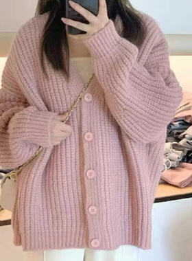 春秋冬新款宽松粉色显瘦针织开衫女粗针大码女装长袖软糯毛衣