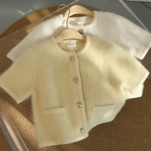 GESCAS秋冬羊驼毛小香风针织短袖开衫外套女复古毛衣通勤气质上衣