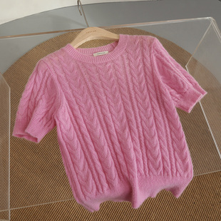 GESCAS 秋冬新款麻花无扎感马海毛毛衣针织短袖套头经典气质上衣