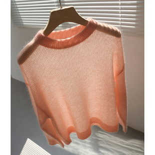 GESCAS新款秋季马海毛针织衫西柚粉微透圆领套头宽松毛衣女