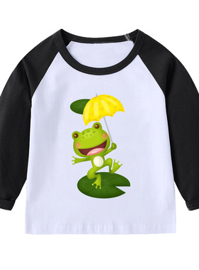 青蛙男童装蓝色长袖女孩红色T恤宝宝黄色上衣黑白拼接袖纯棉