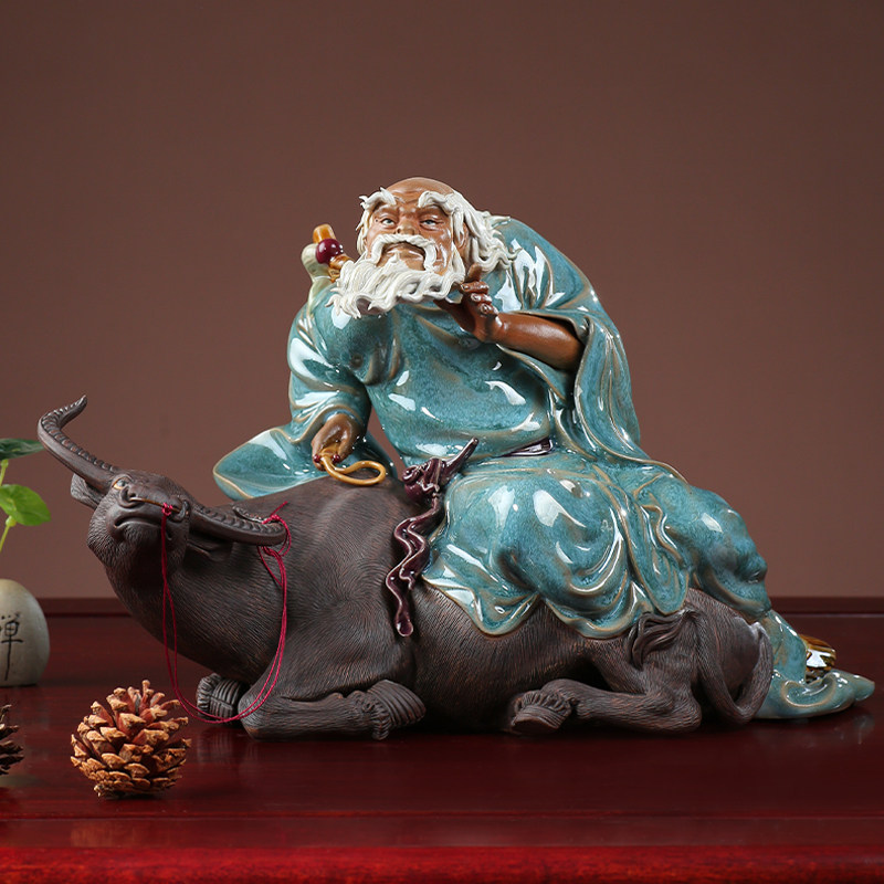 石湾公仔大师精品家居客厅书房装饰品人物老子牛紫气东来陶瓷摆件