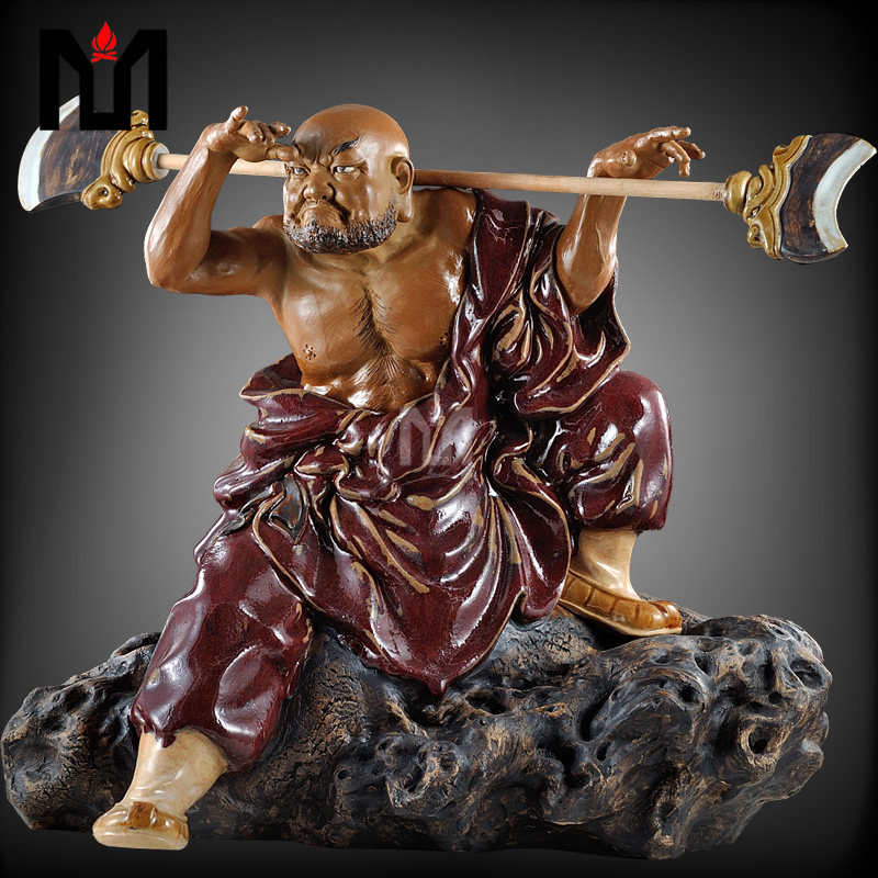 美陶世族石湾公仔庞文全大师限量工艺品鲁智深静候野猪林陶瓷摆件