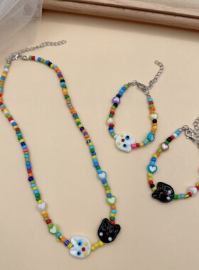 彩色卡通爱心串珠kitty猫咪项链手链套装 韩式创意个性手工饰品