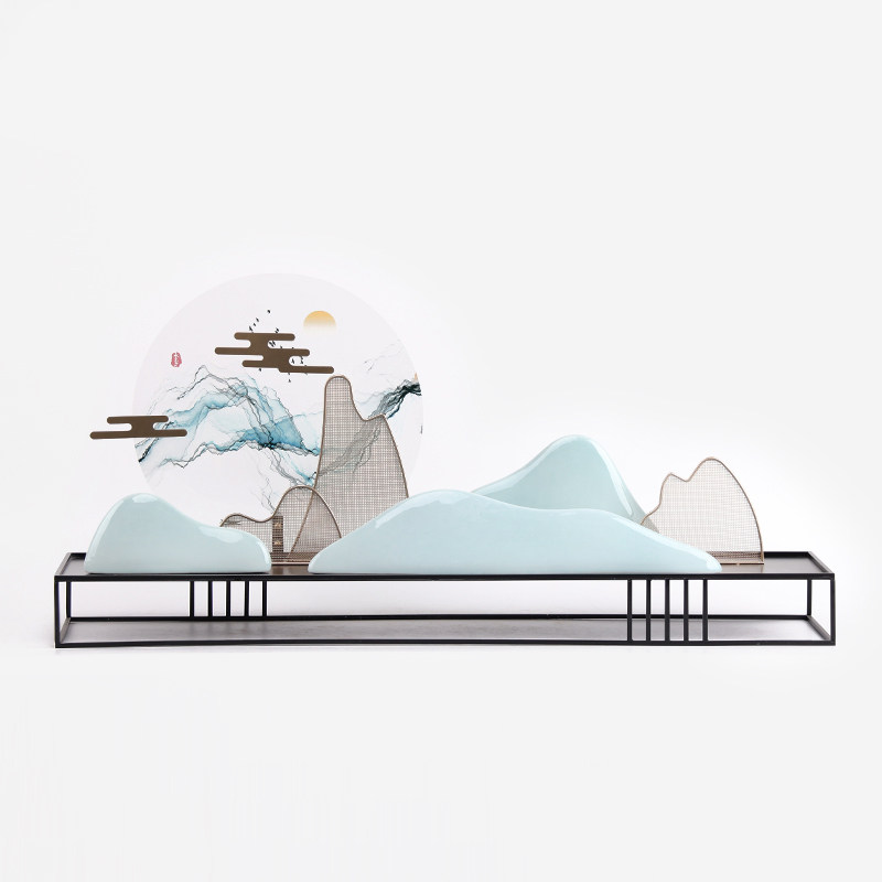 新中式禅意水墨画风景摆件玄关酒店大厅茶室亚克力陶瓷假山装饰品