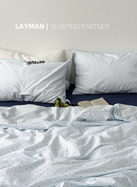 Layman外行 ins蓝色波点简约蝴蝶结绑带100支A类贡缎长绒棉四件套