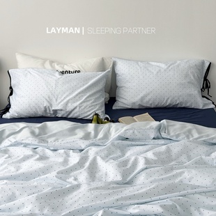 Layman外行 ins蓝色波点简约蝴蝶结绑带100支A类贡缎长绒棉四件套