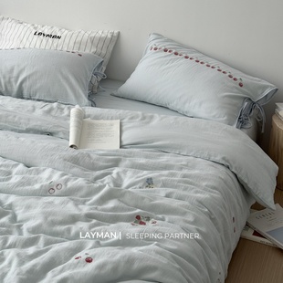 Layman外行【四海的花】韩国博主风樱桃刺绣全棉双层皱皱纱四件套