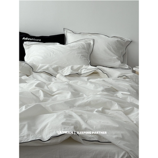 Layman外行 【白梨水】黑边密拷白色全棉水洗棉四件套酒店民宿风