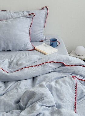 Layman外行 ins蓝色简约纯棉双层皱皱纱四件套全棉裸睡透气柔软