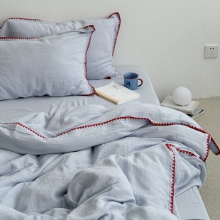 Layman外行 ins蓝色简约纯棉双层皱皱纱四件套全棉裸睡透气柔软
