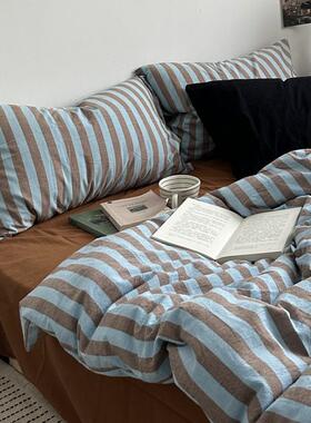 a类纯棉水洗棉四件套简约韩国博主风全棉条纹床单被套裸睡棉麻感