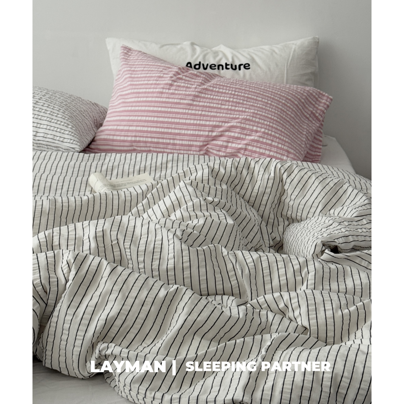 Layman外行 白色条纹泡泡纯棉四件套日式全棉简约床单被套床品