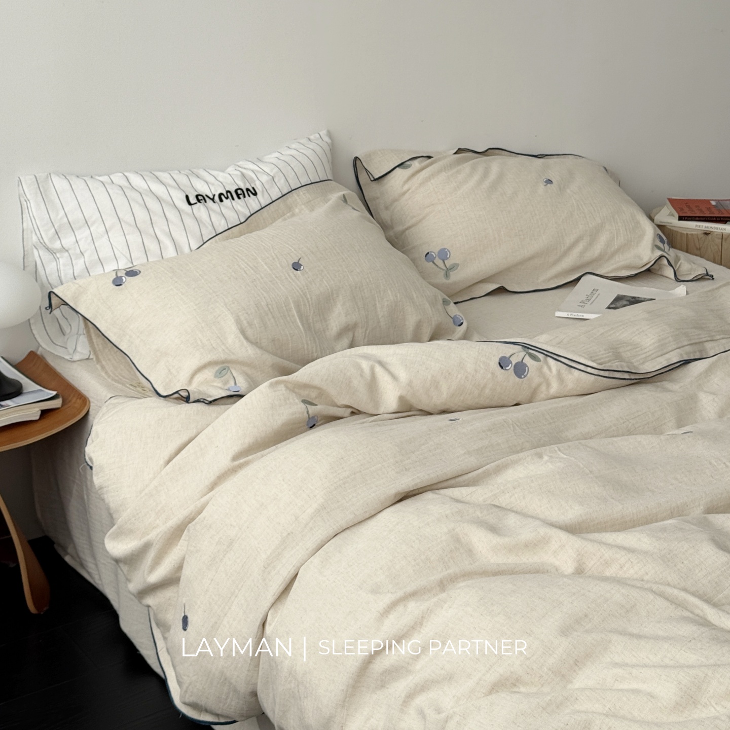 Layman外行 ins樱桃密拷棉麻四件套A类提花床单被套亚麻透气床品