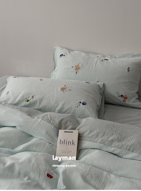 Layman外行 ins可爱卡通刺绣双层纱皱皱纱四件套柔软裸睡透气床品