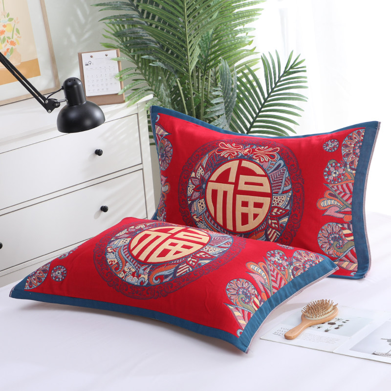 纯棉枕巾结婚庆大红色喜庆一对装成人情侣新婚礼品纱布棉枕头盖巾