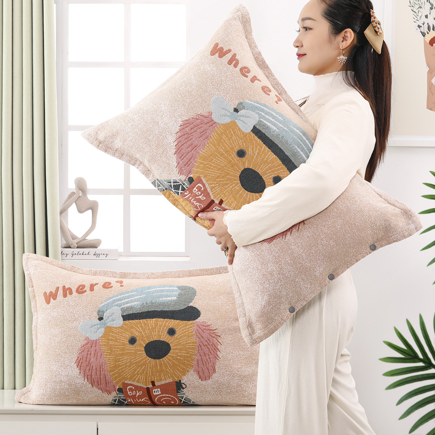 水洗棉纯棉纱布按扣枕套一对装卡通全棉枕头套四季通用不脱落枕