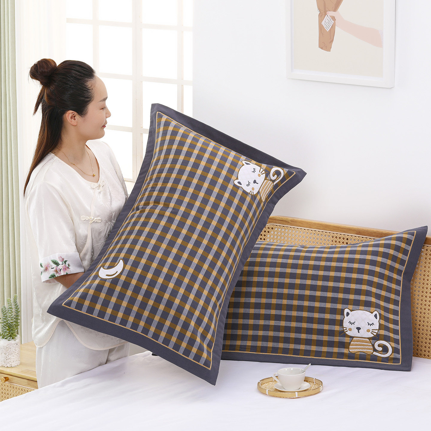 纯棉枕套纱布透气全棉加大厚吸汗枕头套子单成人居家枕芯套一对装