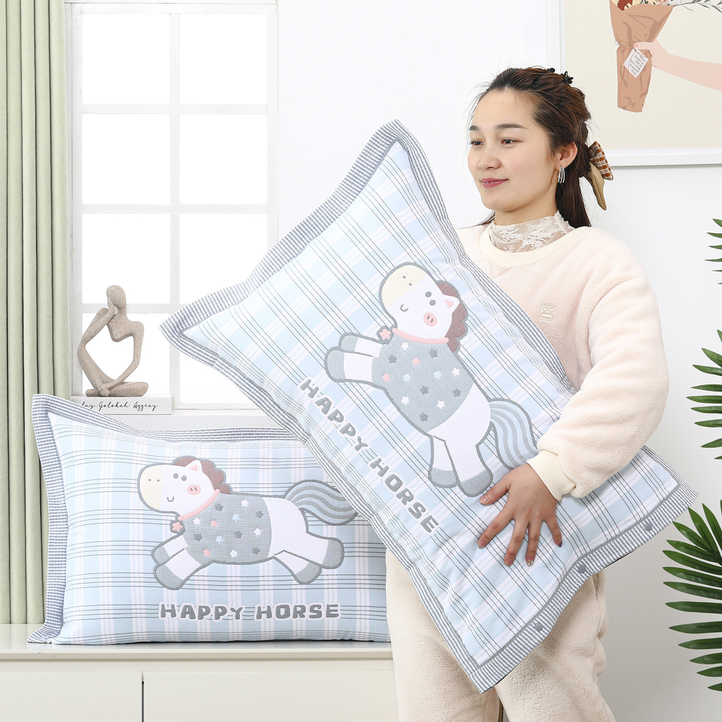 纯棉纱布2026新款全棉加厚成人家用按扣48x74cm枕头套吸汗透气