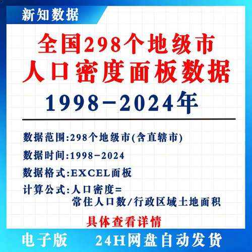 1998-2024全国298个地级市城市人口密度常住人口土地面积面板数据