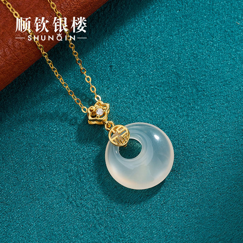 顺钦银楼S925银项链女玉髓平安扣锁骨链送爱人生日礼物纪念首饰