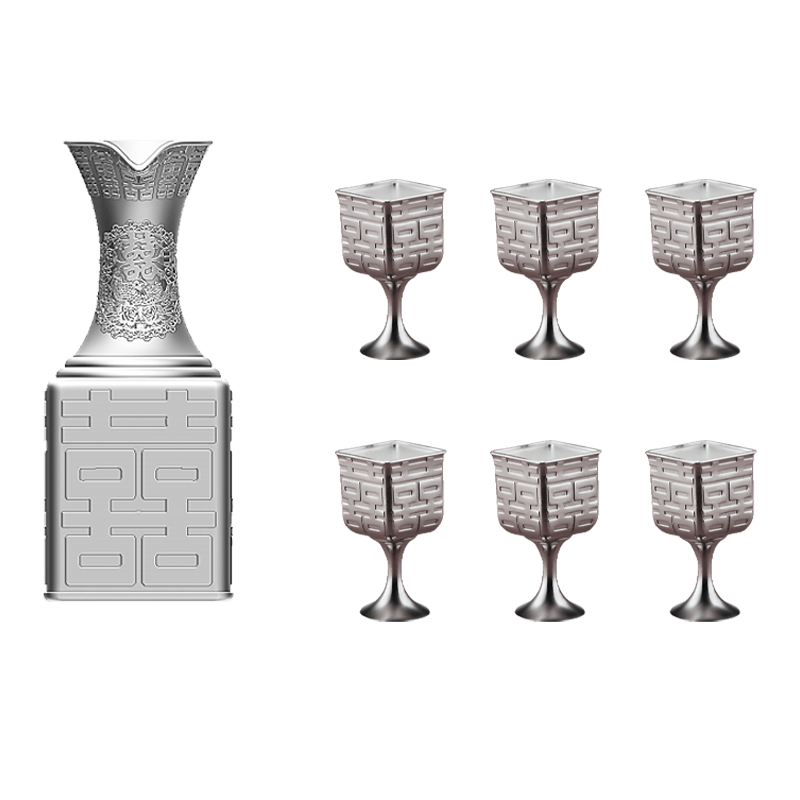 顺钦银楼S999纯银酒具套装双喜临门足银白酒壶酒杯纪念摆件礼物