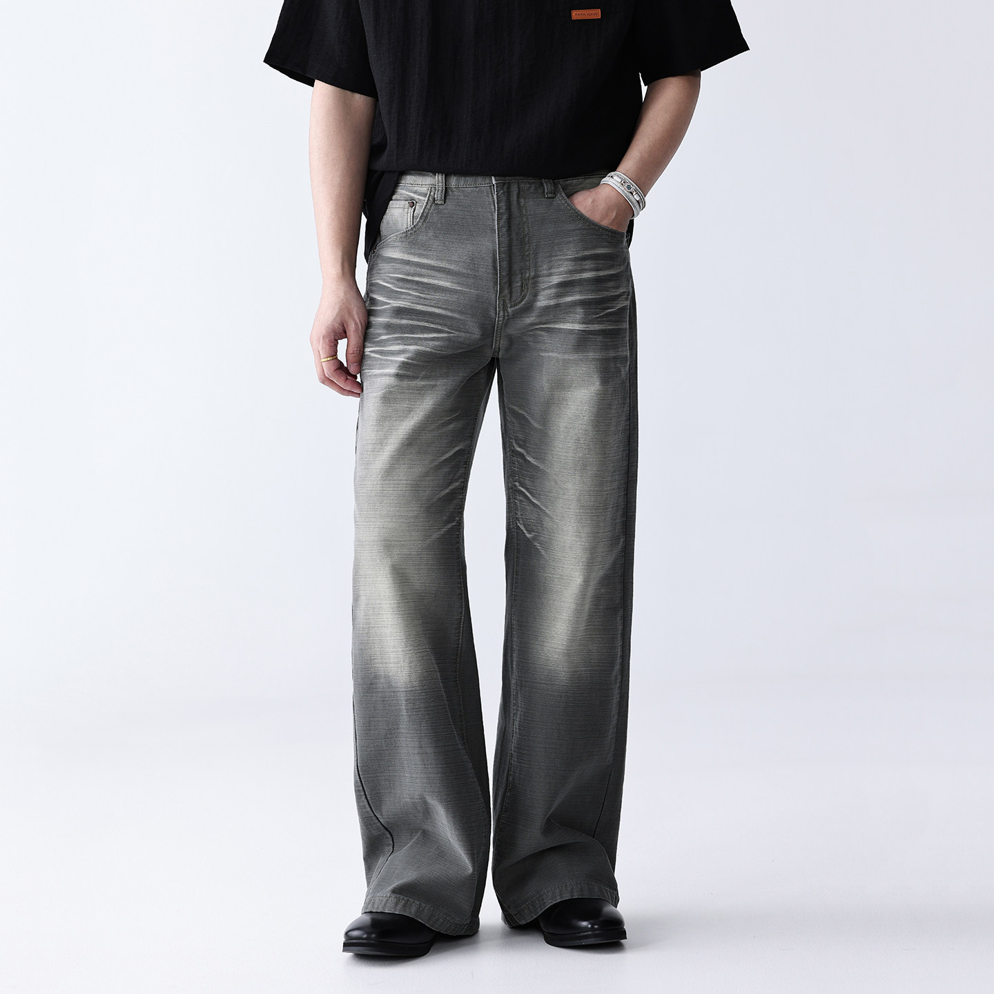 Gentleness横纹牛仔裤春夏纯棉无弹a字宽松直筒个性阔腿男女同款