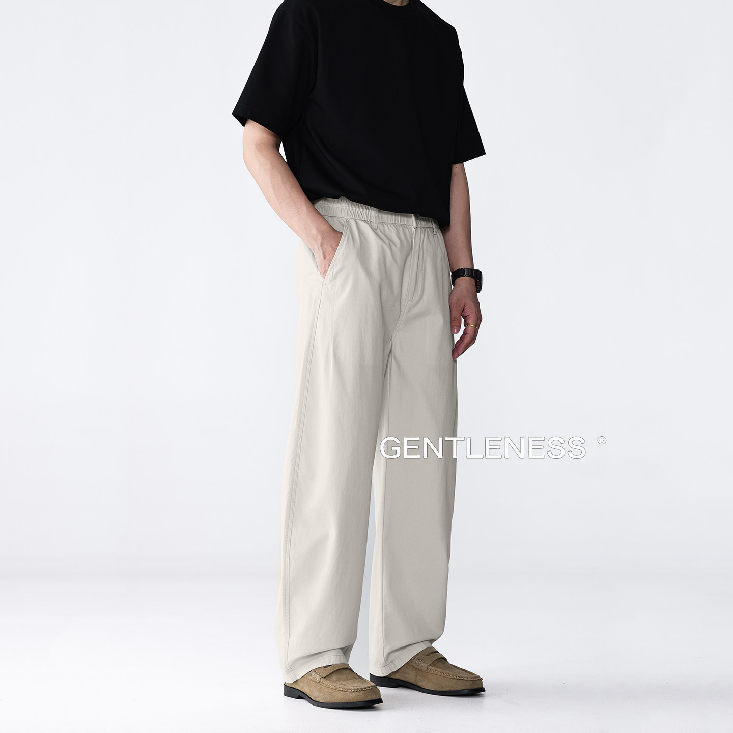 GLS休闲裤男夏薄款直筒宽松型莱赛尔天丝米杏色高级感通勤长裤