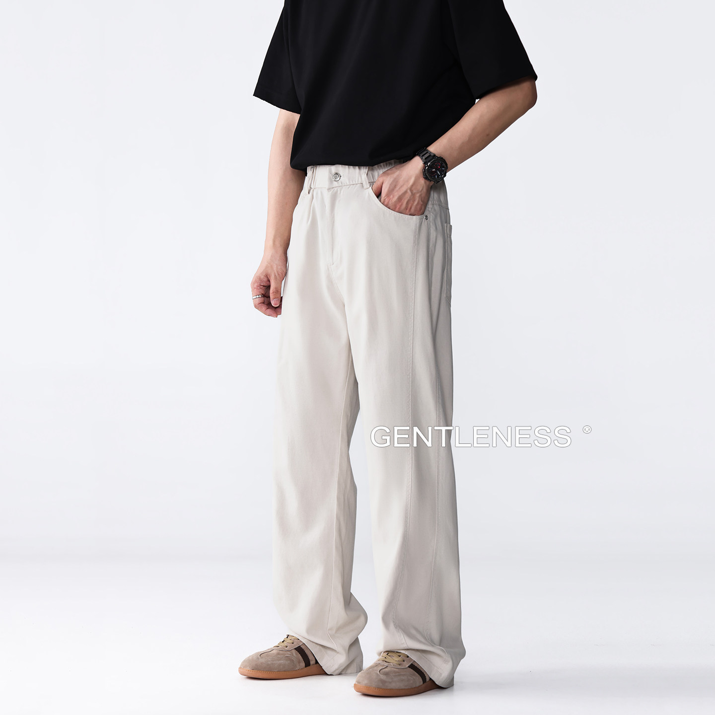 gls米白色休闲裤男夏薄款老钱风垂感宽松慵懒高级感直筒莱赛尔