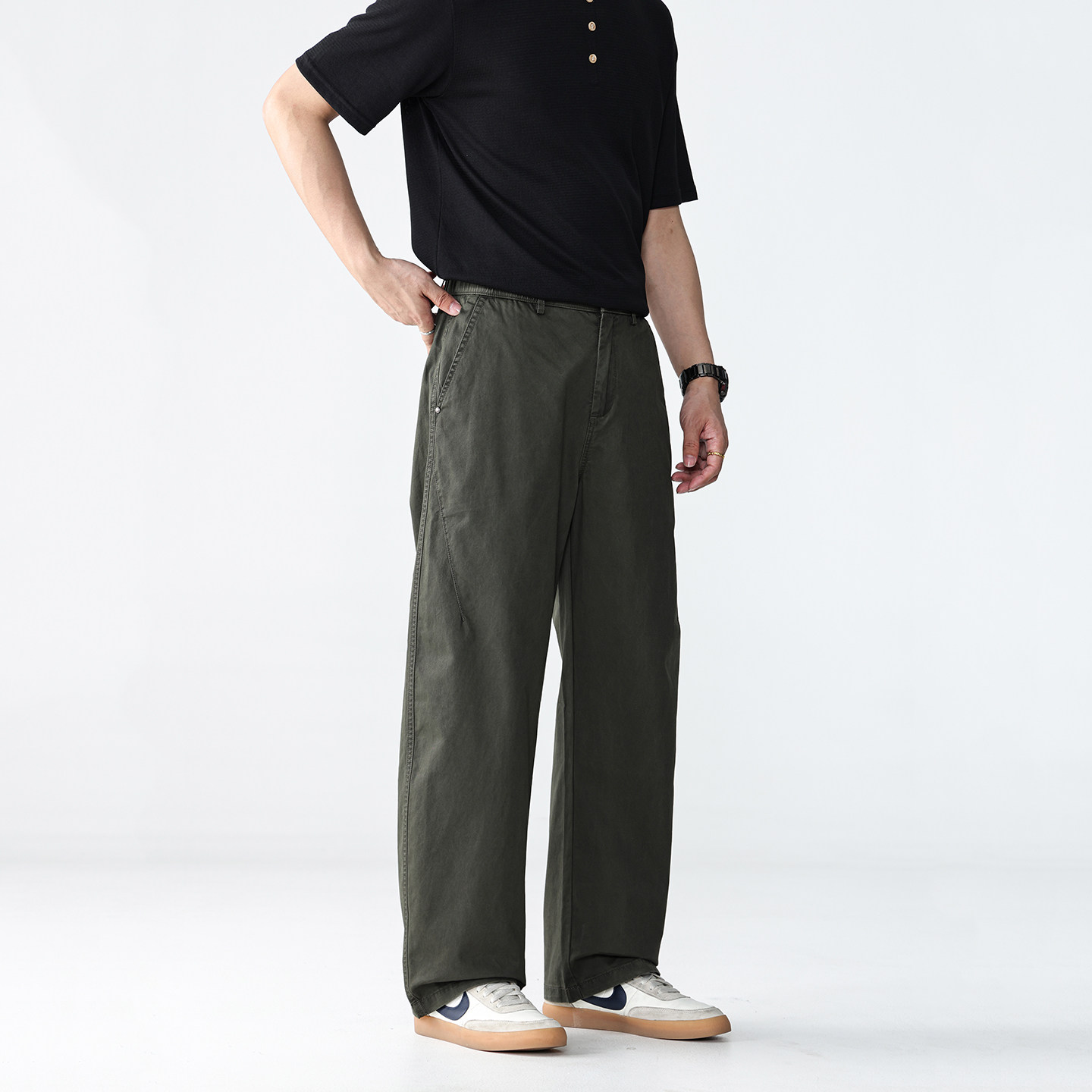 GLS夏季薄款直筒宽松型休闲裤男士纯色阔腿纯棉无弹松紧长裤子