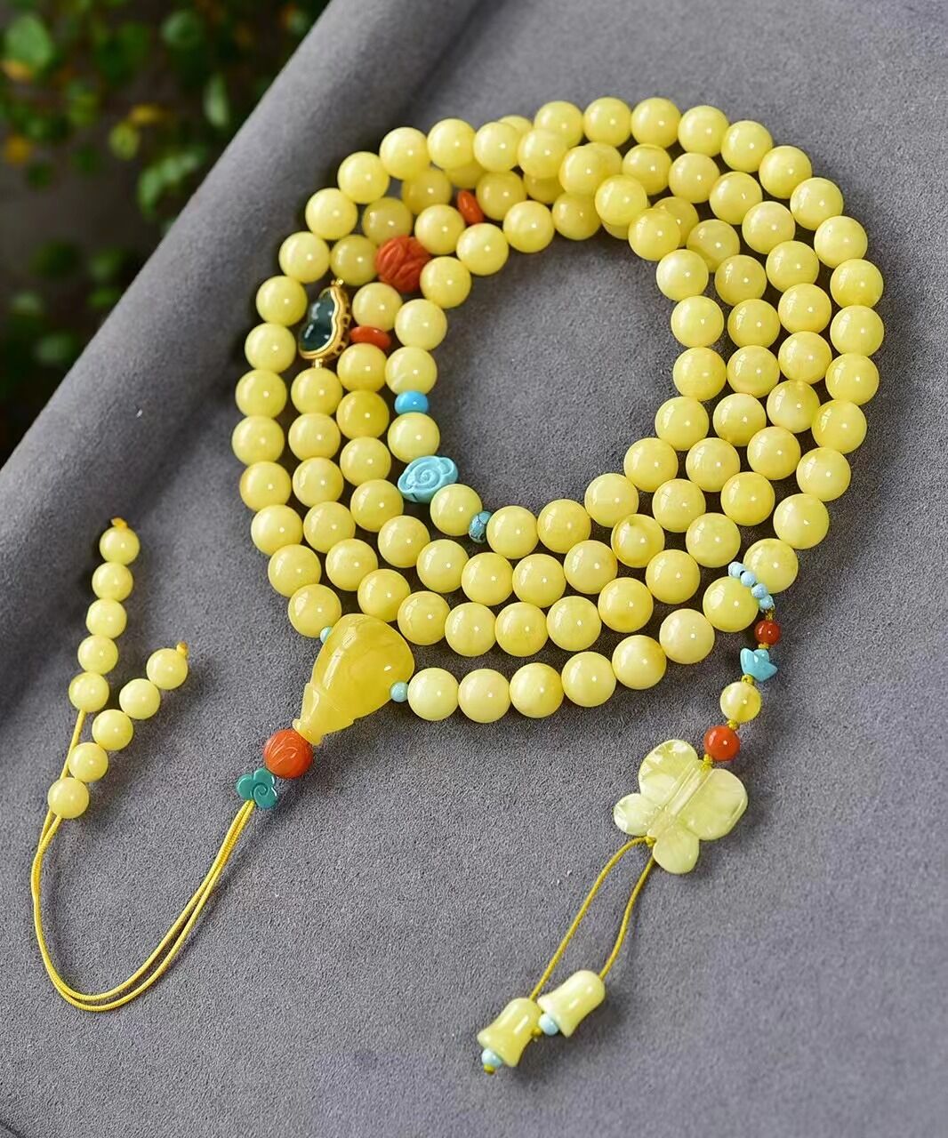 纯天然蜜蜡佛珠手串 俄料白花蜜蜡108佛珠项链手链搭配高瓷蓝松石